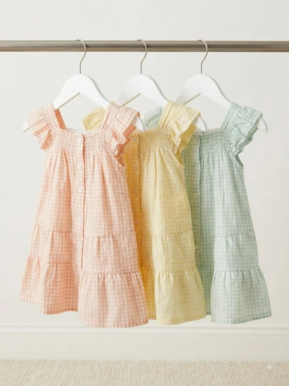 Girls' Gingham Ruffle Sundress - Pastel Peach, Yellow, Green